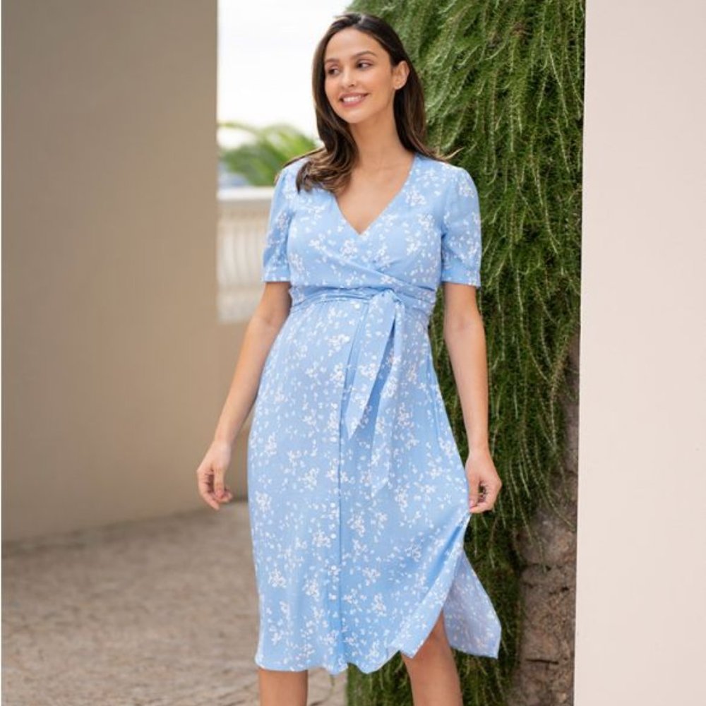Seraphine Blue Floral Maternity & Nursing Midi Dress